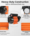 Close-up of orange Powerful 110 Volt Fuel Transfer Pump With Half HP Motor Delivers Eighteen GPM, featuring iron rear cap and stable base.