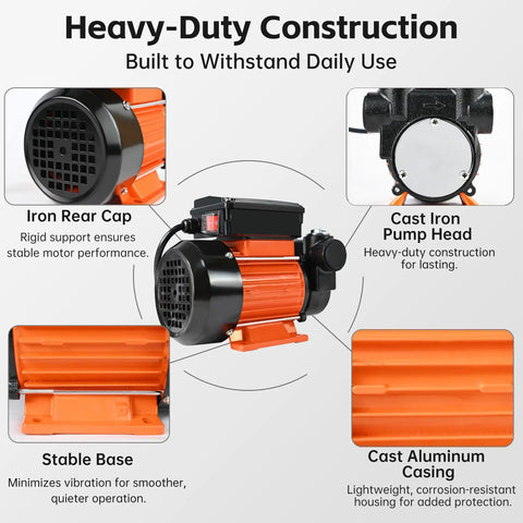 Close-up of orange Powerful 110 Volt Fuel Transfer Pump With Half HP Motor Delivers Eighteen GPM, featuring iron rear cap and stable base.