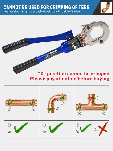 Hydraulic Copper Tube Fitting Crimp Tool with 1/2-1 in jaw, highlighting correct and incorrect uses for Propress piping.