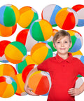 Beach Balls Bulk 12 Pack 9 Inch Inflatable Pool Toys For Kids Summer Water Games Hawaiian Tropical Theme Party Decorations And Favors Durable PVC Beach Ball Set For Poolside Fun featuring a child holding a beach ball.
