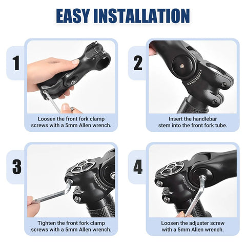 Installation steps for Adjustable Bike Stem For 25.4mm Handlebars And 28.6mm Forks, 100mm Center Length, Aluminum Riser.