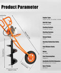 Diagram of Gas Powered Post Hole Digger With Wheelbarrow Design, Workhorse Two-Stroke 3HP Engine, 60 To 300 mm Bit Compatibility