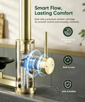 OWOFAN Pull Down Kitchen Faucet with Cup Washer Brushed Gold showing premium ceramic cartridge and sleek design.