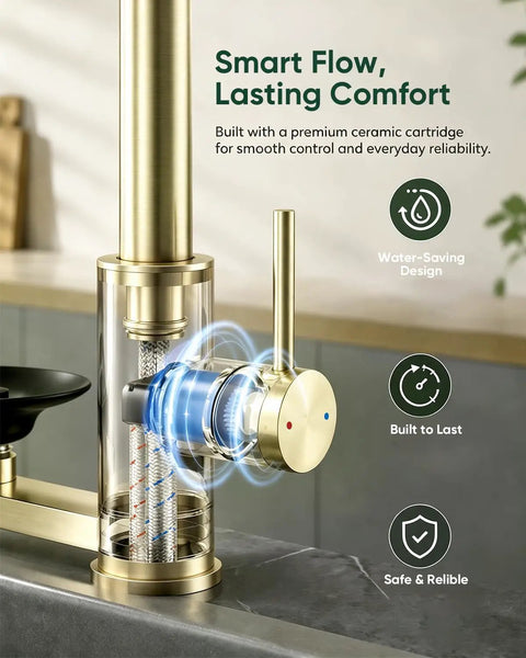 OWOFAN Pull Down Kitchen Faucet with Cup Washer Brushed Gold showing premium ceramic cartridge and sleek design.