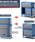 8 Drawer Rolling Tool Chest 42 Inch Heavy Duty Metal Cabinet On Wheels With Detachable Top Box Garage Workshop Storage For Repair Room And Warehouse Includes Hooks Liners Tray Divider And 550 Lb Load Capacity, blue steel, side panel open
