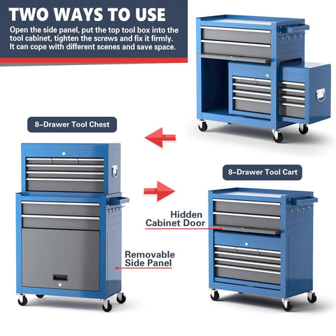 8 Drawer Rolling Tool Chest 42 Inch Heavy Duty Metal Cabinet On Wheels With Detachable Top Box Garage Workshop Storage For Repair Room And Warehouse Includes Hooks Liners Tray Divider And 550 Lb Load Capacity, blue steel, side panel open