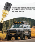 Engine coolant temperature sensor with brass probe and gray plastic connector, close-up view