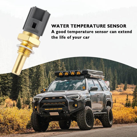 Engine coolant temperature sensor with brass probe and gray plastic connector, close-up view