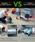 Comparison of No Sweat Electric Pipe Cutter For Smooth Cold Cuts On Plastic And Metal Pipes With Adjustable Speed Up To 2900 RPM and ordinary pipe cutters.