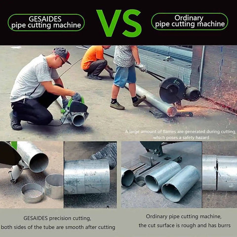 Comparison of No Sweat Electric Pipe Cutter For Smooth Cold Cuts On Plastic And Metal Pipes With Adjustable Speed Up To 2900 RPM and ordinary pipe cutters.
