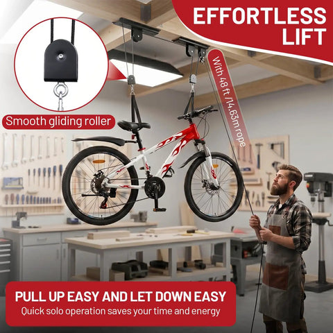2 Pack Bike Ceiling Hoist Storage System for Garage Weight Lifting Gear 88 Pounds Capacity Heavy Duty Steel Pulley Rack with bike.