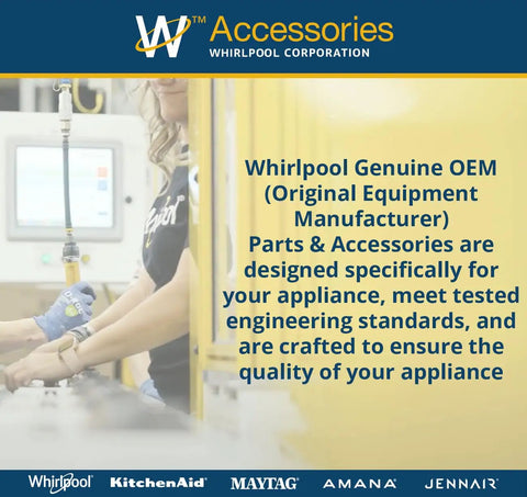Whirlpool Corporation OEM accessories banner highlighting engineering standards and appliance compatibility.