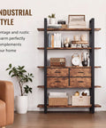 Industrial 5-Tier Bookshelf With Open Storage And Four Drawers, sturdy metal frame with decor items, in a living room setting.