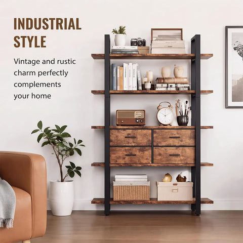 Industrial 5-Tier Bookshelf With Open Storage And Four Drawers, sturdy metal frame with decor items, in a living room setting.