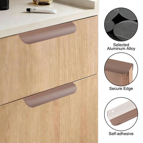 8 Pack Concealed Drawer Pulls With Curved Aluminum Alloy Edge Design on wood cabinet, close-up of secure edge and adhesive detail