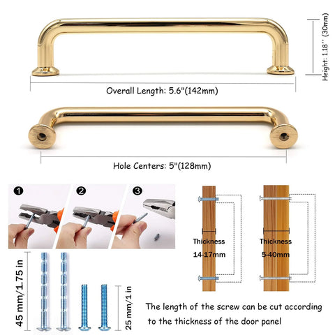 Diagram showing 10 Pack Polished Brass Cabinet Pulls Five Inch Center To Center Spacing Five Point Six Inches Overall Length Zinc Alloy.