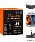 Packaging and details of Two Heavy Duty 14 Inch Bike Inner Tubes With Schrader Valve 45/57-254, E-bike ready