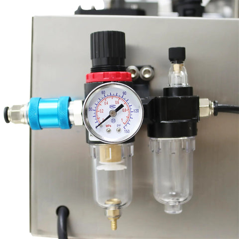 Automatic Desktop Conveyor Labeler For Round Bottles High Speed 110 Volt Label Applicator Featuring No Sweat Setup Rock Solid Build And Smooth Daily Grind Operations showing pressure regulator and filters.