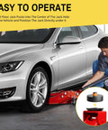 Tesla Model Y S X 3 Jack Pad Kit with four rubber pads, shown being used on a silver Tesla, with a close-up of the jack pad.