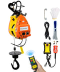 1100 Lbs Electric Hoist Winch with remote control, accessories visible, ideal for warehouse material handling.