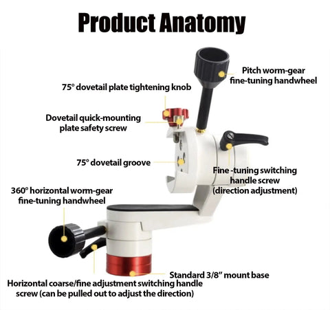 Annotated diagram of All-Purpose Alt Azimuth Telescope Mount for Tripods with detailed components labeled and 3/8 inch base