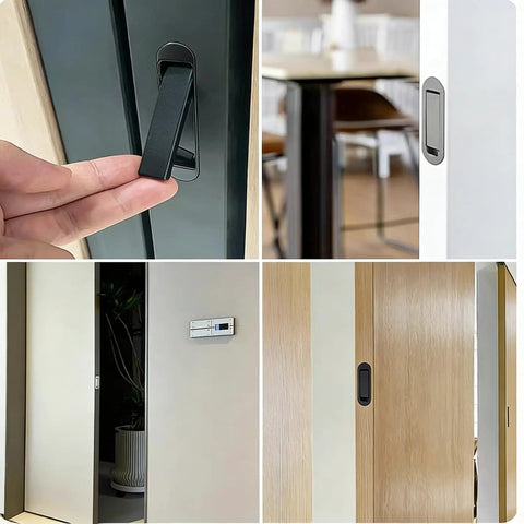 Ultra Thin Pocket Door Pull Handle With Flush Mount Recessed Design for sliding doors, satin black finish, installed view.