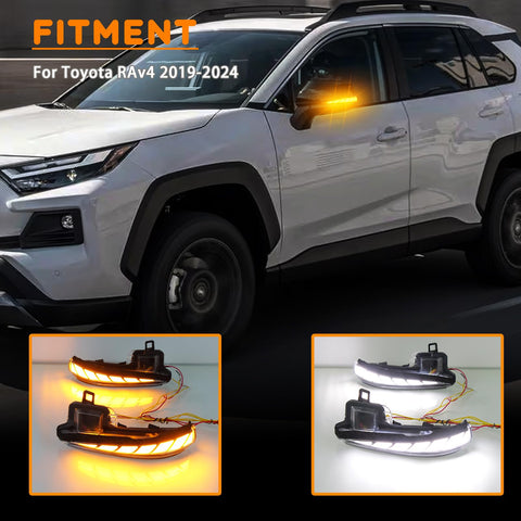 Toyota RAV4 Tacoma Highlander Full LED Rear Side Mirror DRL Lights With Amber Sequential Turn Signals, 2Pc Kit shown installed