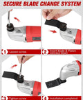 AVID POWER oscillating tool, red and silver, showing blade change steps with blade attachment