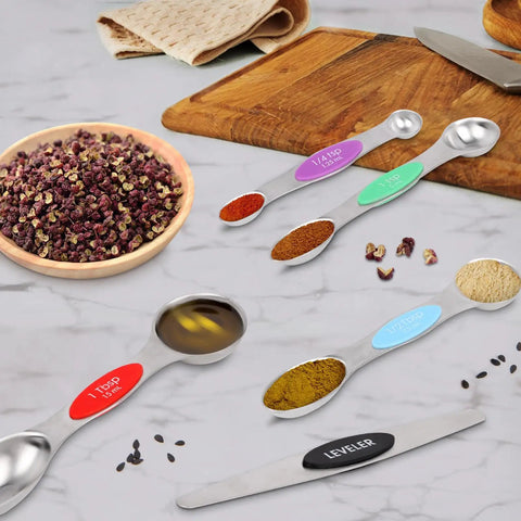 Magnetic Dual Sided Stainless Steel Measuring Spoons Set 7 Piece With Leveler For Cooking Baking And Medicine Nesting