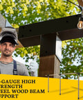 Worker installing Beefy Pergola Bracket Kit 2 Pack 3 Way T Shaped Wood Brackets for Six By Six Lumber with helmet