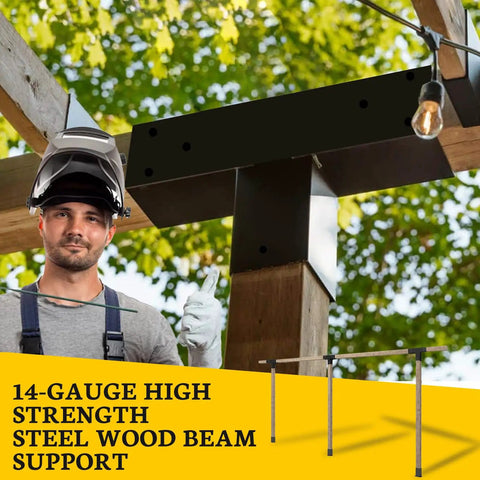 Worker installing Beefy Pergola Bracket Kit 2 Pack 3 Way T Shaped Wood Brackets for Six By Six Lumber with helmet