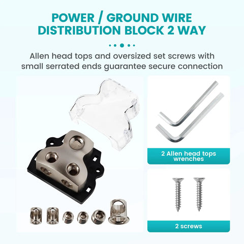 Two Way Power And Ground Distribution Block For Car Audio Zine Alloy In 0/2/4 Gauge And Out 4/8 Gauge Two Channel Amplifier Splitter Heavy Duty Grounding And Power Hub For Easy Install 1 Piece with screws and hex keys