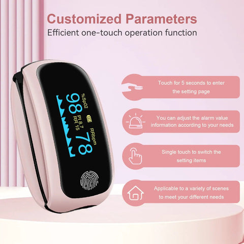 Go To Finger Pulse Oximeter With SpO2 And Pulse Rate Monitoring on display showing SpO2 and RPM readings, customizable settings