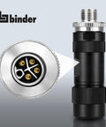 M12 L Coded 4 Plus FE Unshielded Power Cable Connector IP67 for 8 to 13mm Cables, Screw On M12 Thread, Industrial Grade, Field Ready Rugged Waterproof IP Rated, DIN EN IEC 61076-2-111 Compatible, black metal connector front view