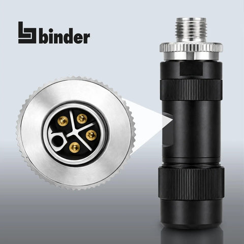 M12 L Coded 4 Plus FE Unshielded Power Cable Connector IP67 for 8 to 13mm Cables, Screw On M12 Thread, Industrial Grade, Field Ready Rugged Waterproof IP Rated, DIN EN IEC 61076-2-111 Compatible, black metal connector front view