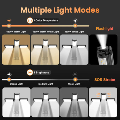 Multiple light modes of Your Go To Camping Light With Stand, Cordless LED Work Light, 2200 Lumens, showing color and brightness options
