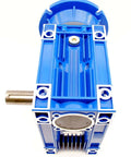 Beefy Torque MRV090 Worm Gear Speed Reducer 100 To 1, aluminum housing, blue finish, side view showing 5/8 inch input