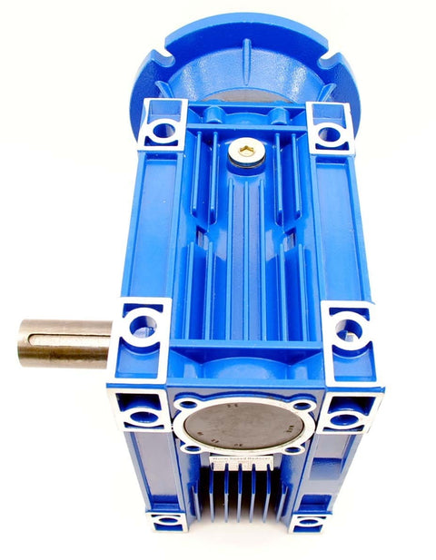 Beefy Torque MRV090 Worm Gear Speed Reducer 100 To 1, aluminum housing, blue finish, side view showing 5/8 inch input