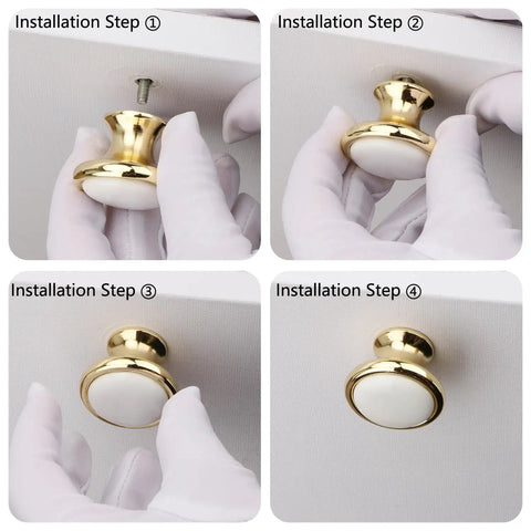 Slick Vintage White Ceramic Cabinet Knob Set Four Piece Single Hole Drawer Pulls Premium Zinc Alloy Base Smooth Grip installation steps.