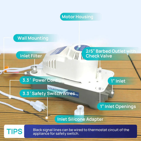 Automatic Condensate Pump For HVAC With Safety Switch, 115V, 70 GPH, includes components and connections shown.