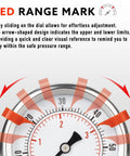 Front view of pressure gauge with white dial, red range marks, and stainless steel case.