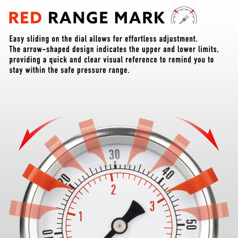 Front view of a 2.5-inch dial vacuum/pressure gauge with stainless steel case and red range marks