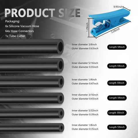 Six Piece 4.9 Ft Vacuum Hose Kit For Automotive Air And Water Lines With 64 Connectors And One Tube Cutter Universal Silicone Tubing ID One Eighth Inch To Three Eighths Inch For Engine Vacuum And AC System Applications, showing tubing sizes and dimensions
