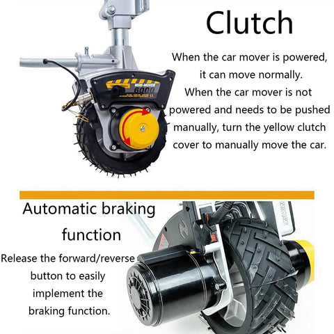 Gesaides Electric Trailer Mover Dolly With 550W Motor showing clutch mechanism and automatic braking feature for easy maneuvering.