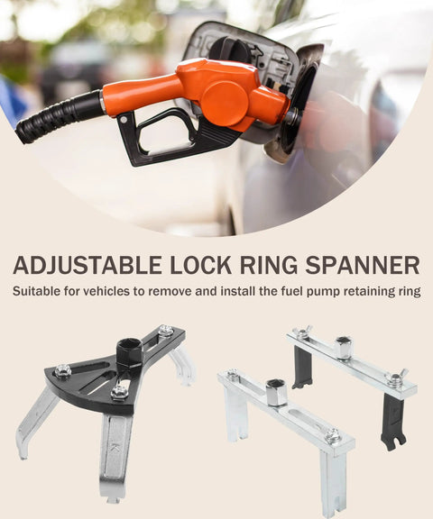 Three Piece Fuel Pump Removal Tool Set with adjustable lock ring spanner for car tank caps and fuel system access displayed in use