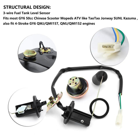 Gas Tank Level Sensor Float Kit And Cap For GY6 4 Stroke Scooters And Mopeds, durable metal and rubber parts displayed.