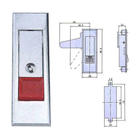 Five Pack Red Push Button Electric Cabinet Cam Locks With Keys For 4mm Thick Panels, Zinc Alloy Construction, Dimensions Diagram