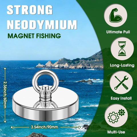 Junarter neodymium fishing magnet with eyebolt ring, chrome finish, 3.54in diameter, 1000lb pull