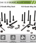 Heavy Duty M4 Screws Kit Featuring 1260 Piece Metric Bolt Assortment with 10.9 & 12.9 grade alloy steel bolts and washers.