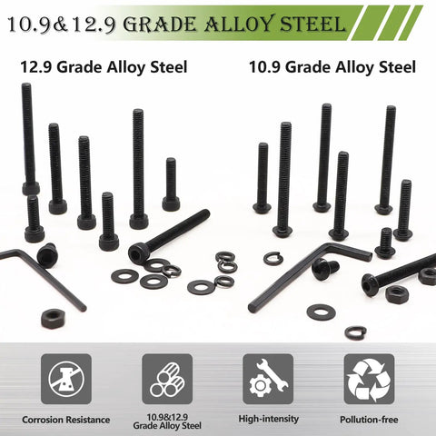 Heavy Duty M4 Screws Kit Featuring 1260 Piece Metric Bolt Assortment with 10.9 & 12.9 grade alloy steel bolts and washers.